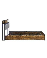 Queen Bed Frame with Storage, Charging Station, Led Lights, and Drawers