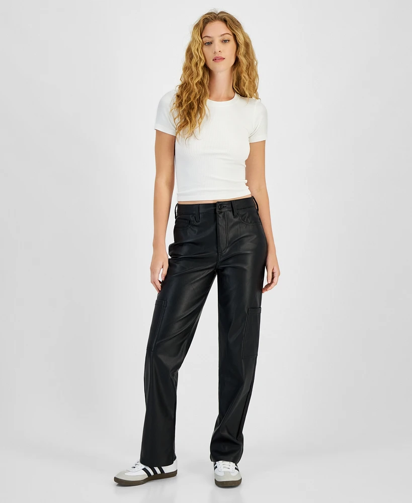 Celebrity Pink Juniors' Faux-Leather Cargo Straight-Leg Jeans