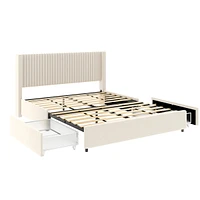 Anna Patented 2-Drawer Storage Bed Queen Size Ivory Velvet Upholstered Wingback Platform Bed, Modern Design Headboard with Tight Channel, Wooden Slat