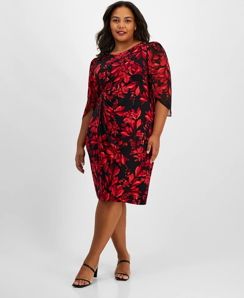 Connected Plus Floral-Print 3/4-Sleeve Faux-Wrap Dress