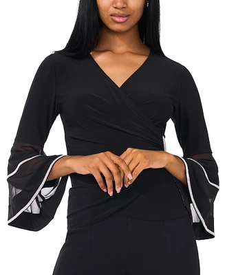 Msk Petite Surplice-Neck Flare-Sleeve Embellished Top