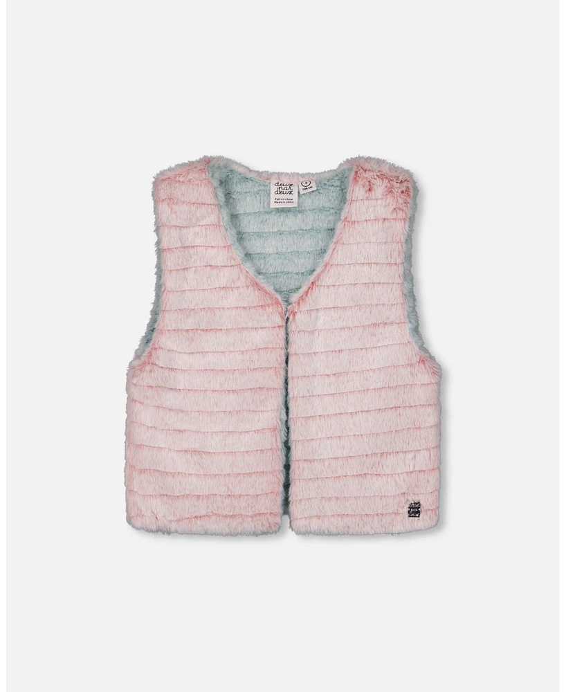 Deux par Big Girls Reversible Faux Fur Vest Pink And Turquoise