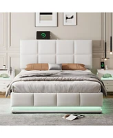 Streamdale Furniture Modern White Storage Bed with Led Lights & Usb Charger