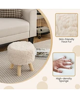 Sugift Round Footstool Ottoman Faux Fur Footrest with Padded Seat and Rubber Wood Legs
