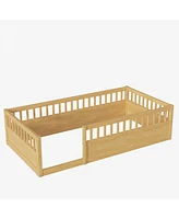 Simplie Fun Twin Floor Bed Frame with Fence, Wood Kids Floor Beds Frame for Bedroom Playroom, Natural date Jun. 21st)