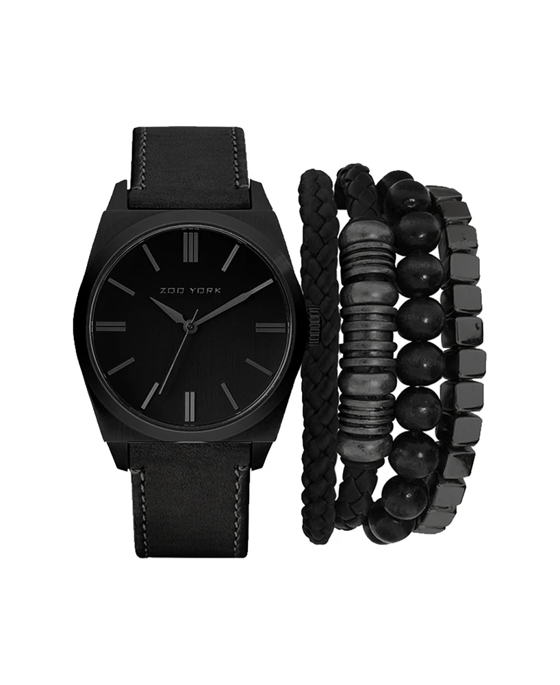 American Exchange Men's Black Leather Strap Analog Watch 42mm with Stackable Bracelets Gift Set