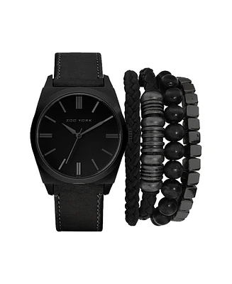 American Exchange Men's Black Leather Strap Analog Watch 42mm with Stackable Bracelets Gift Set