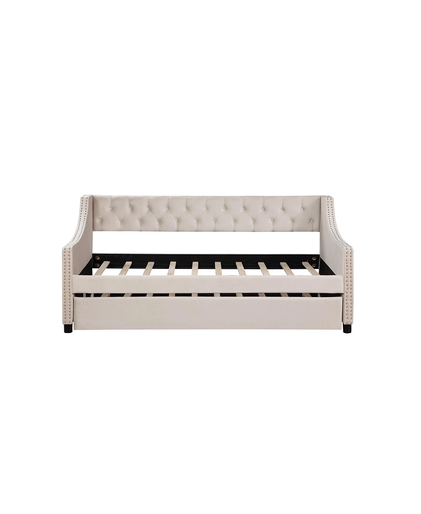 Simplie Fun Upholstered Daybed with Trundle, Twin Size Frame, Beige Velvet