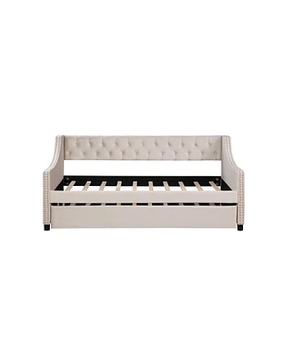 Simplie Fun Upholstered Daybed with Trundle, Twin Size Frame, Beige Velvet