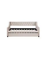 Simplie Fun Upholstered Daybed with Trundle, Twin Size Frame, Beige Velvet