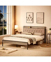 Streamdale Furniture Bed Frame With Charging Station Queen Size, Grey, 87.8" L X 61.8" W X 39.2" H