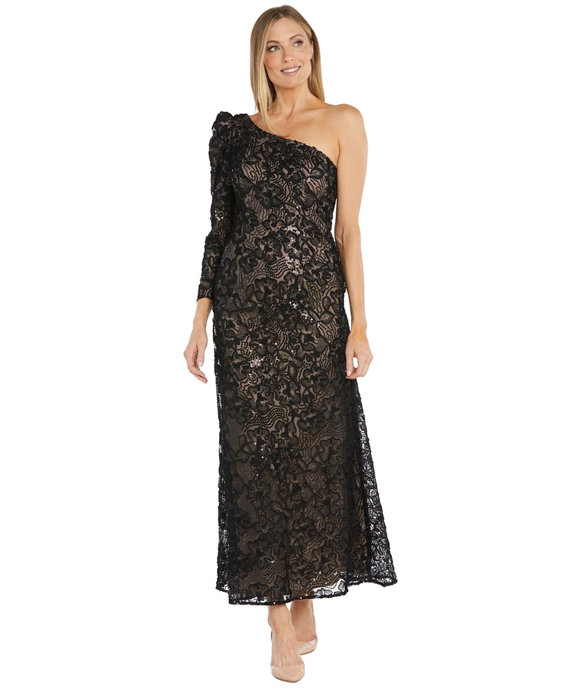 R & M Richards Women's One-Long-Sleeve Floral-Lace Sequin Gown