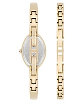 Anne Klein Women's Quartz Oval Lapis Gemstone and Gold-Tone Alloy Metal Bangle Watch Set, 20mm - Blue/Gold