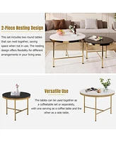 Streamdale Furniture Modern Round Nesting Coffee Table Set, Black & White Sintered Stone Top, Gold Base