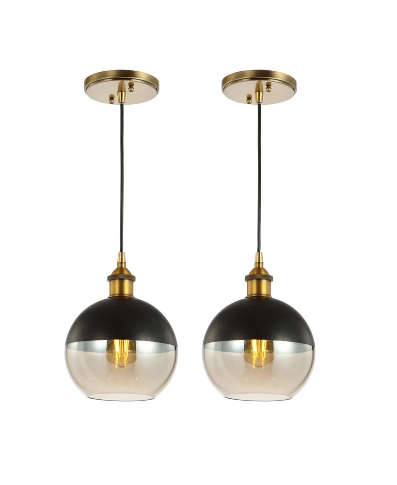 Jonathan Y Nixon 7.5" 1-Light Mid-Century Modern Metal/Glass Adjustable Drop Globe Led Pendants, Brass Gold/Black (Set of 2)