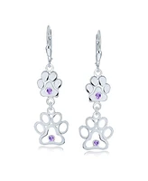 Bling Jewelry Bff Cut Out Open Animal Lover Pet Dog Cat Paw Print Dangle Stud Earrings Puppy Cubic Zirconia .925 Sterling Silver Lever Back Push