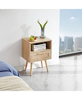 Streamdale Furniture Rattan End Table With Power Outlet & Usb Ports, Modern Nightstand With Drawer And Solid Wood