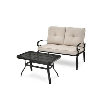 Sugift 2 Pieces Patio Loveseat Bench Table Furniture Set with Cushioned Chair