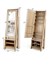 Sugift 2-in-1 Wooden Cosmetics Storage Cabinet with Full-Length Mirror and Bottom Rack