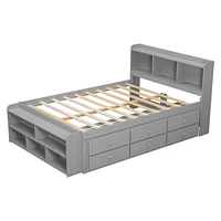 Streamdale Furniture Full Bed With Bookcase Headboard, Under Bed Storage Drawers And Bed End Storage Case, Grey