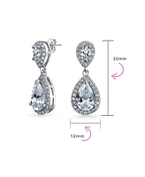 Bling Jewelry Pave Halo Dangle Teardrop Cubic Zirconia Aaa Cz Drop Earrings For Women Rhodium Plated Brass