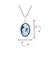 Bling Jewelry Classic Blue White Carved Oval Simple Framed Victorian Lady Portrait Mother and Child Cameo Pendant Necklace For Women Wife Sterling Sil