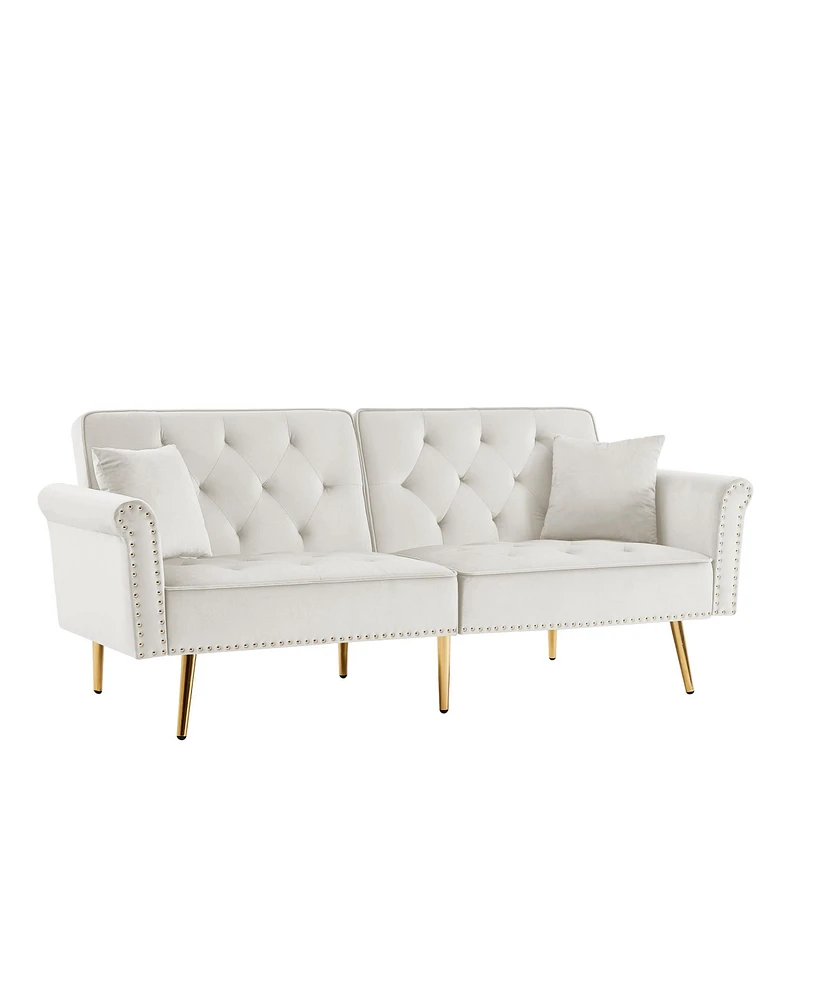 Simplie Fun Beige Velvet Tufted Sofa Couch with 2 Pillows and Nailhead Trim