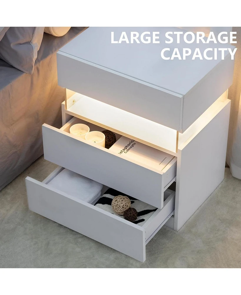 Streamdale Furniture Modern Led Nightstand with 3 Drawers and Multi-Color Rgb Lighting