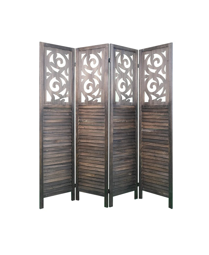 Streamdale Furniture 4-Panel Folding Room Divider, Carved Wood, Rustic Brown