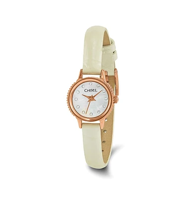 Chisel Stainless Steel Rose Ip-plated White Leather Strap Watch