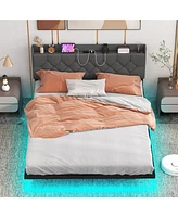 Floating Bed Frame with Led and Headboard Charging Station
