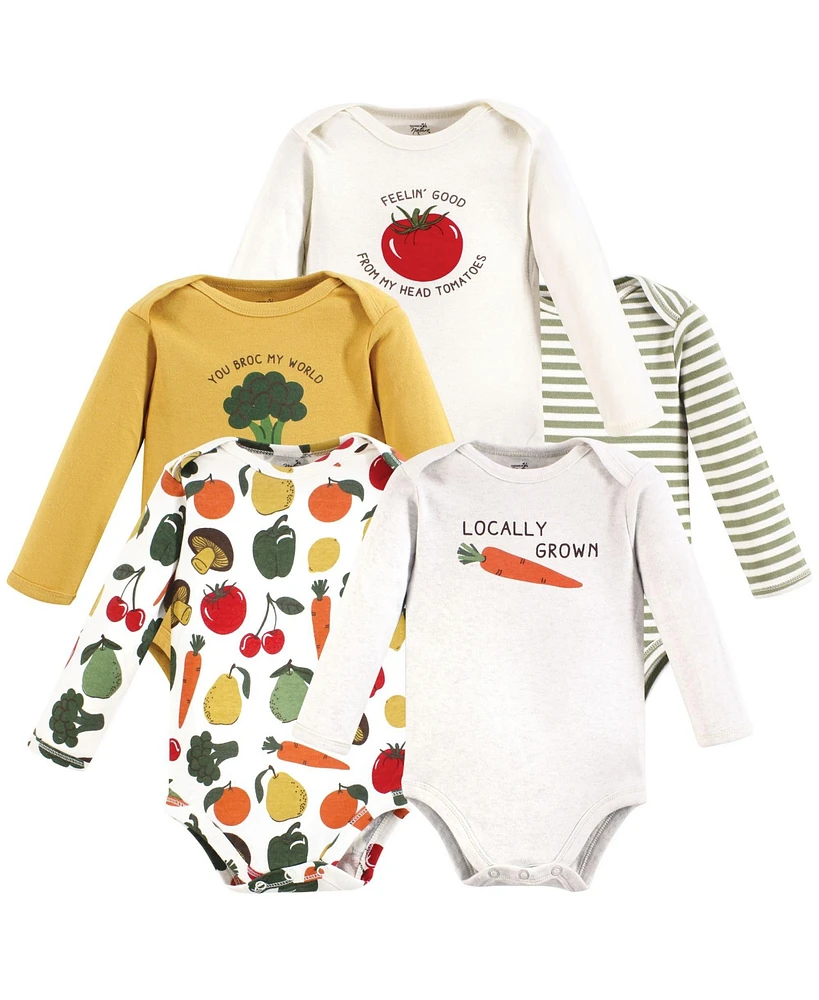 Touched by Nature Baby Boys Organic Cotton Long-Sleeve Bodysuits, Happy Veggies