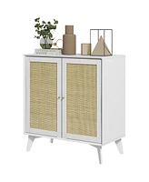 Homcom Boho Storage Cabinet, Kitchen Cabinet with 2 Rattan Doors, White