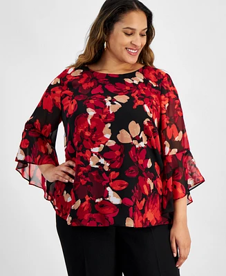 Kasper Plus Floral-Print Bell-Sleeve Scoop-Neck Top