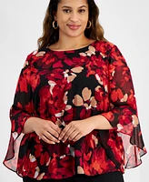 Kasper Plus Floral-Print Bell-Sleeve Scoop-Neck Top