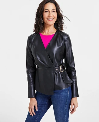 I.n.c. International Concepts Women's Faux-Leather Long-Sleeve Wrap Top, Created for Macy's