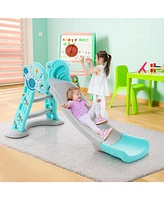 Costway Girls 3-in-1 Indoor Slide with Basketball Hoop & Basketball, Safe Buffer Zone