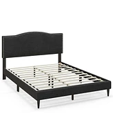 Costway Queen Size Upholstered Bed Frame with Nailhead Trim Headboard Wooden Slats Support