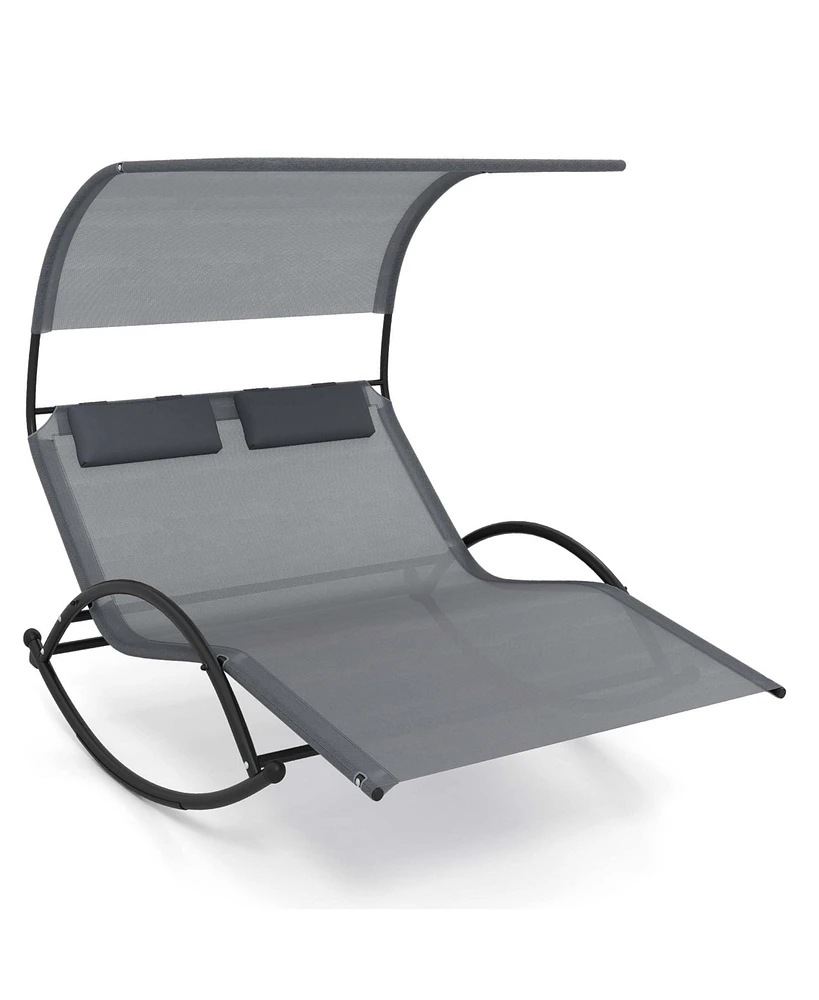 Costway Outdoor Dual Rocker Sunbed 2-Person Canopied Lounger with 2 Detachable Headrests