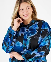 Anne Klein Plus Watercolor-Print Long-Sleeve Blouse