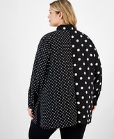 Anne Klein Plus Mixed Dot-Print Long-Sleeve Blouse