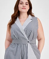 Anne Klein Plus Striped Belted Sleeveless Cotton Midi Dress