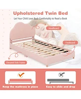 Costway Kids Twin Platform Bed Frame Upholstered Twin Size Bed with Wooden Slats Support