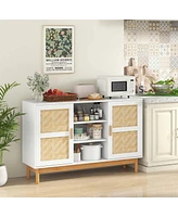 Costway 48" Sideboard Buffet Cabinet with 2 Bamboo Woven Doors 3 Open Shelves for Kitchen