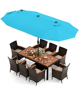 Costway 11 Pcs Patio Wicker Dining Set with Double-Sided Outdoor Umbrella 8 Stackable Chairs