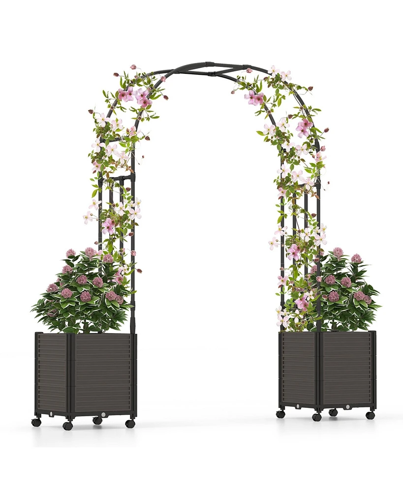 Costway 6.6 Ft Tall Metal Garden Arbor with 2 Raised Garden Planters Arch Trellis Outdoor