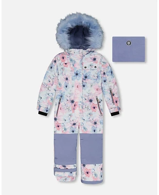 Deux par Big Girls One Piece Snowsuit Printed Watercolor Blue Flowers