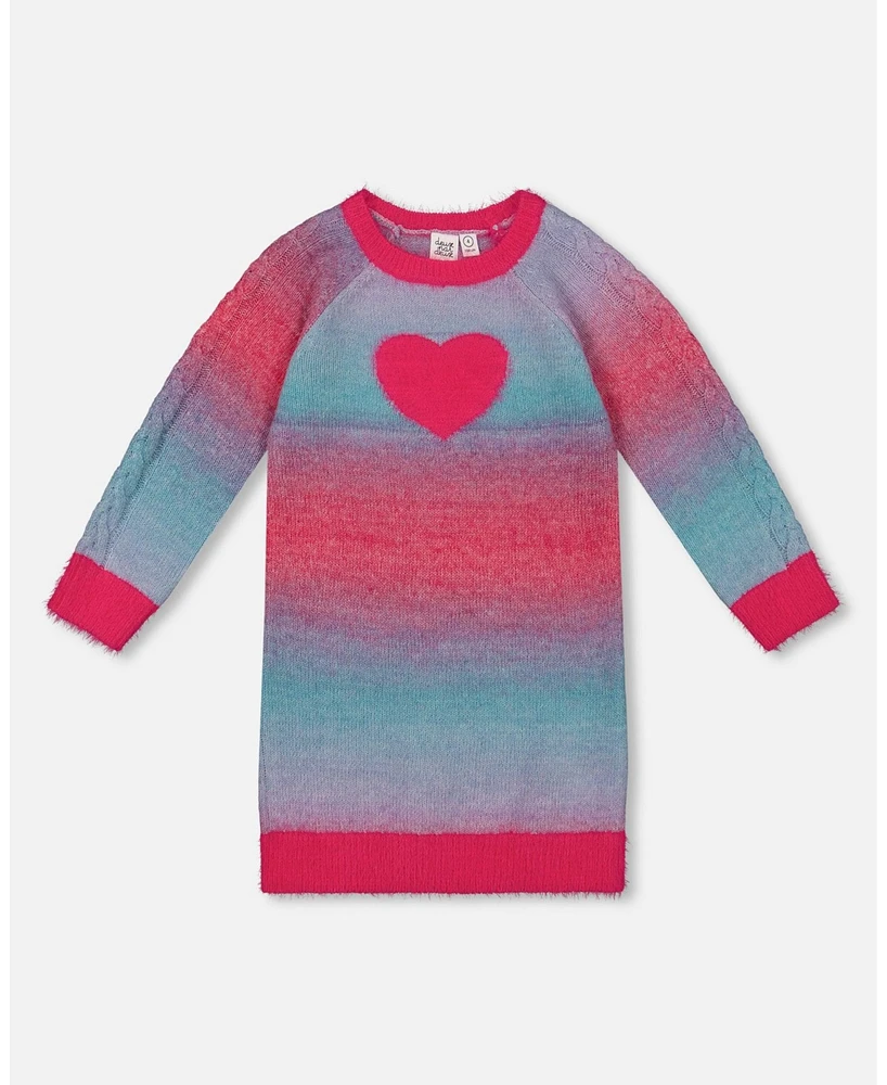 Deux par Toddler Girls Knit Dress With Heart Gradient Candy Pink And Blue - Toddler|Child