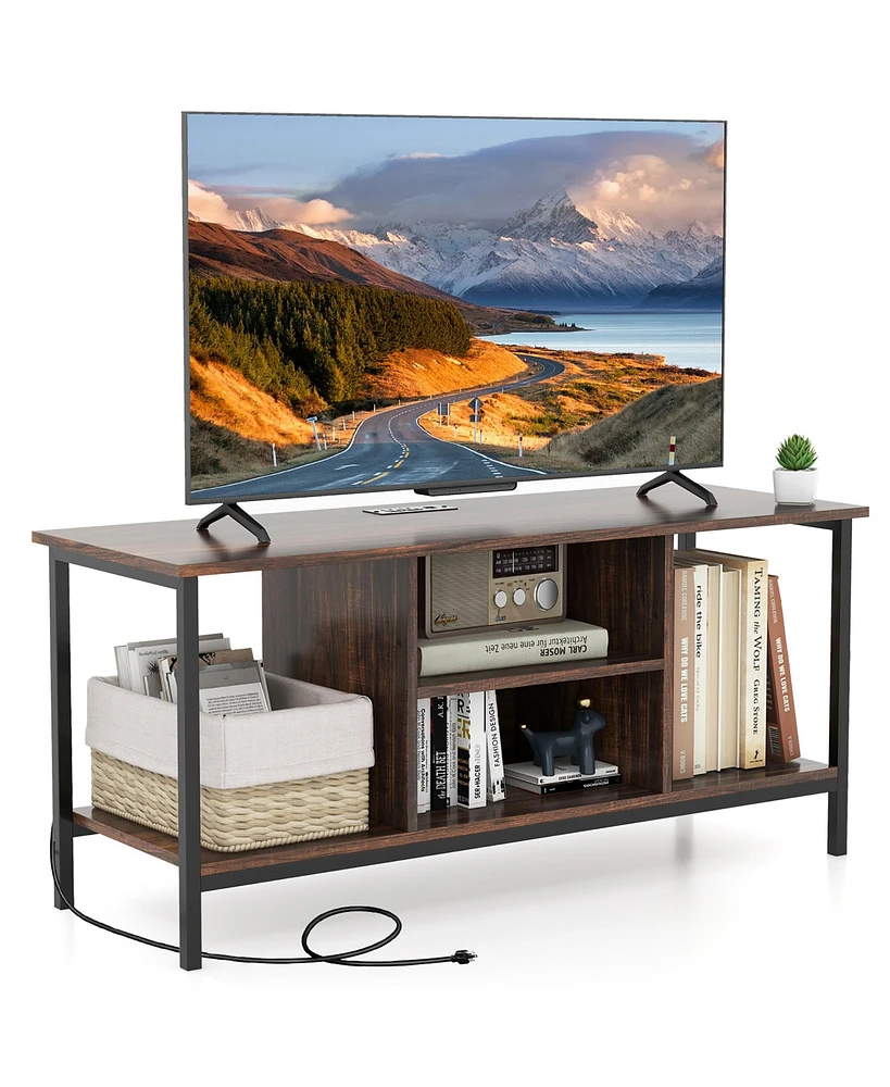 Gymax Tv Console Table w/ Power Outlets 50" Industrial Tv Stand w/ Open Shelves & Compartments