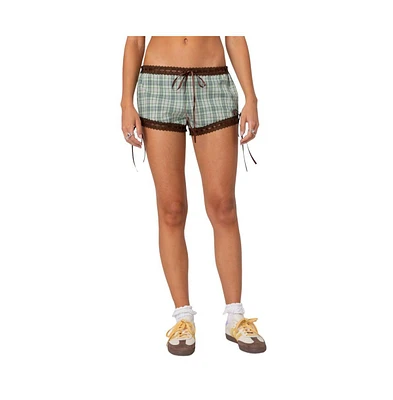 Edikted Women's Lavish lace trim plaid shorts